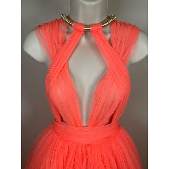 Bronx and Banco Taraji Tiered Ruffle Tulle Sheer Cutout High Low Maxi Gown Sz XS - Picture 6 of 14